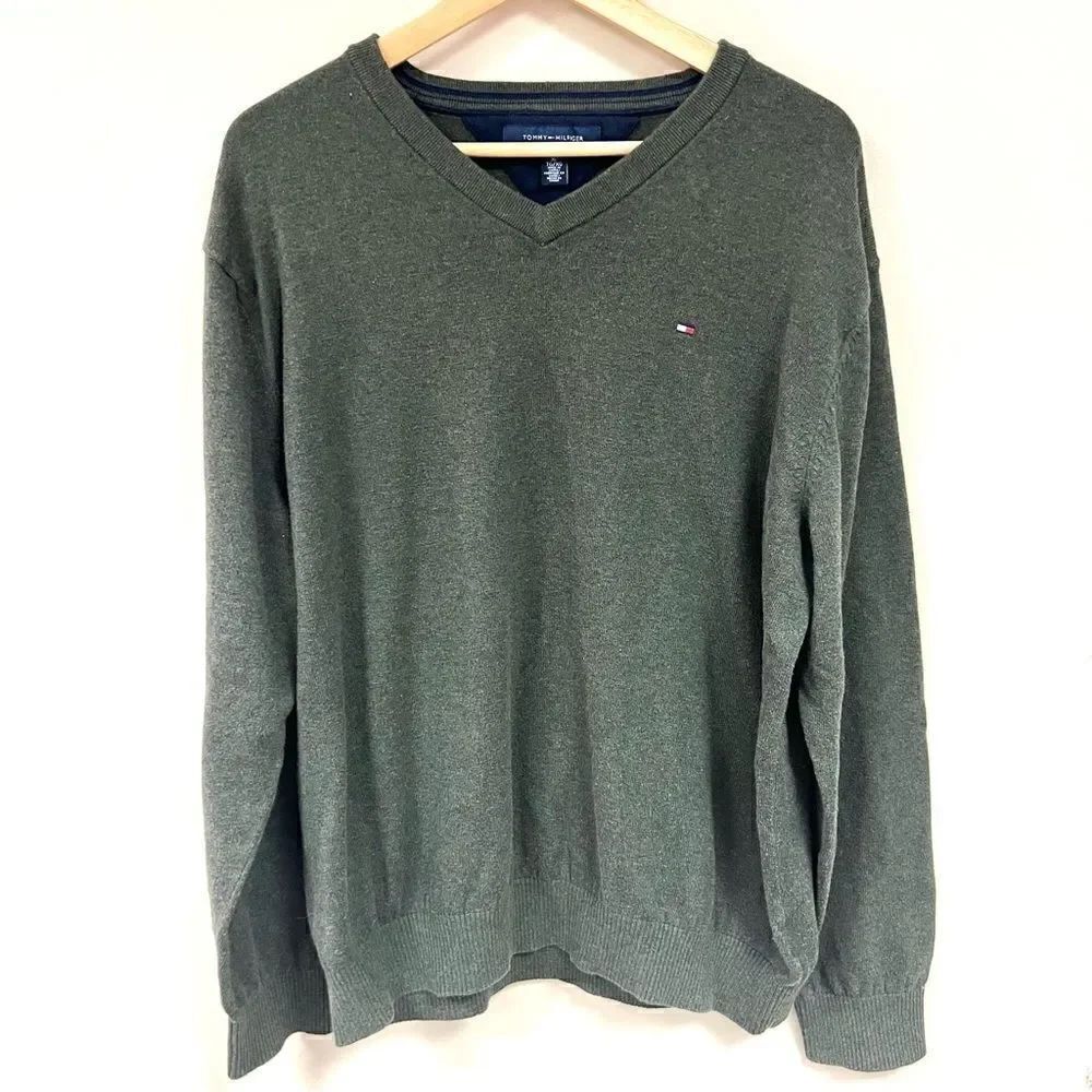 Tommy Hilfiger dark green v neck cotton sweater L